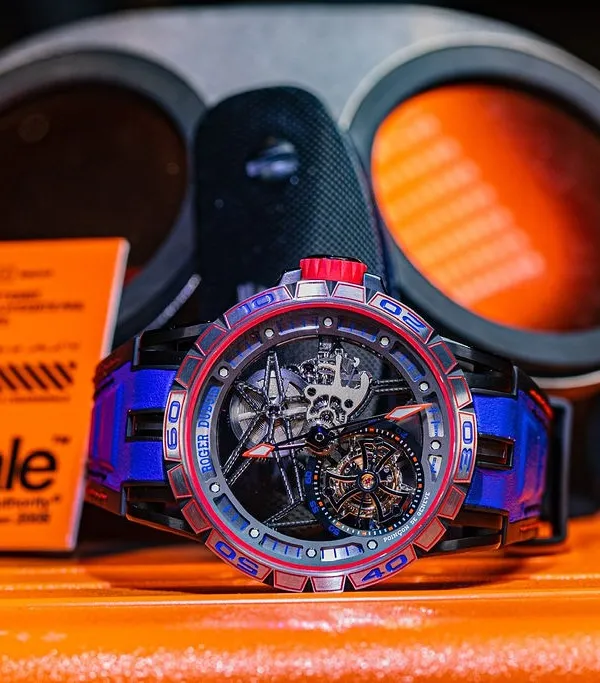 High-end luxury watch product photography with technical background